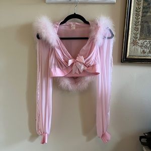 Hooded mesh feather lingerie crop top